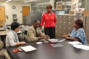 Ms. Mincey-Mills (pictured on the right) has been a driving force for the First Black Graduates Projects. We met her in January 2015, when she visited us to research Ibis yearbooks from the 1960s to identify black students. (Photo by Cory Czajkowski, Special Collections)