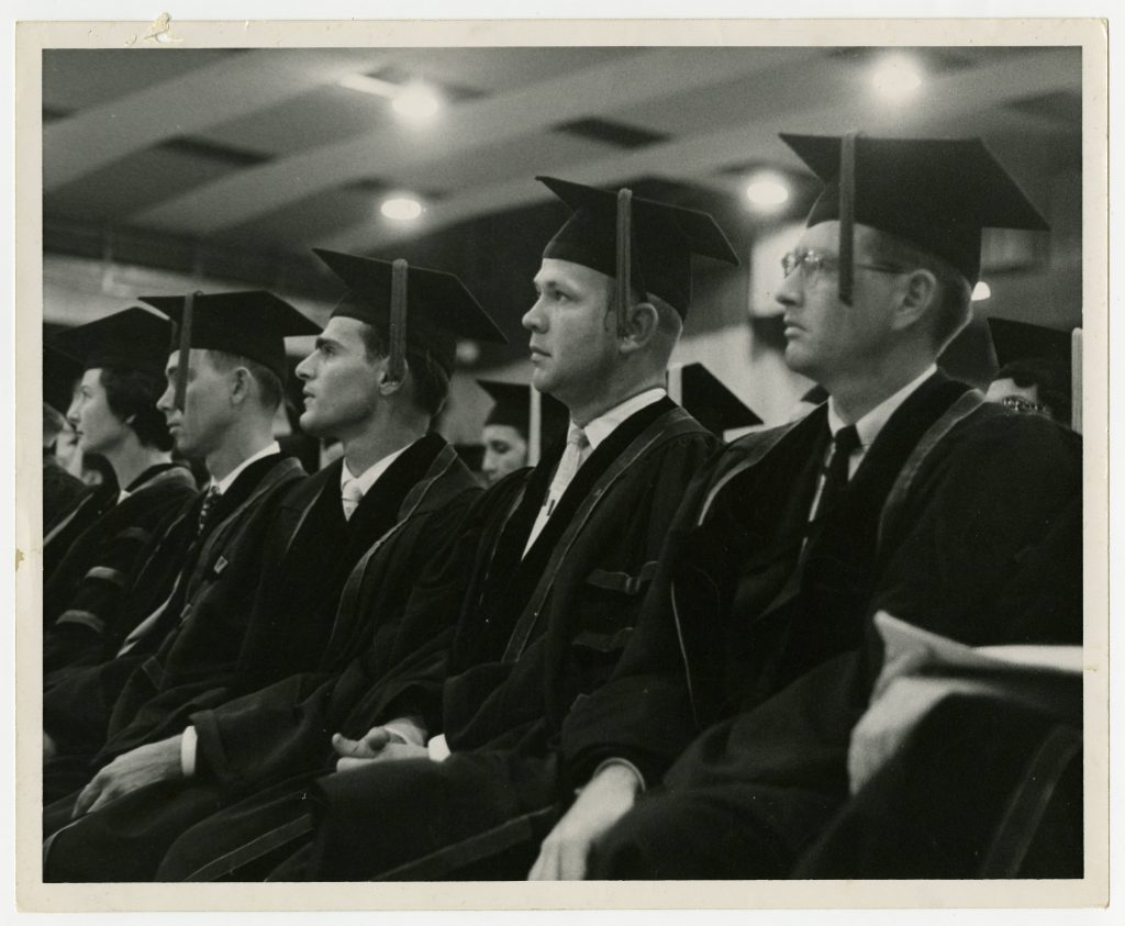 First Graduation Ceremony for the 26 students of the School of Medicine took place on June 11, 1956 at Dinner Key Auditorium.  