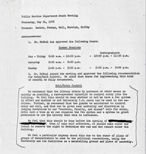 Richter's Public Service Heads  met on May 24, 1972 and made a recommendation to install a turnstile for security.