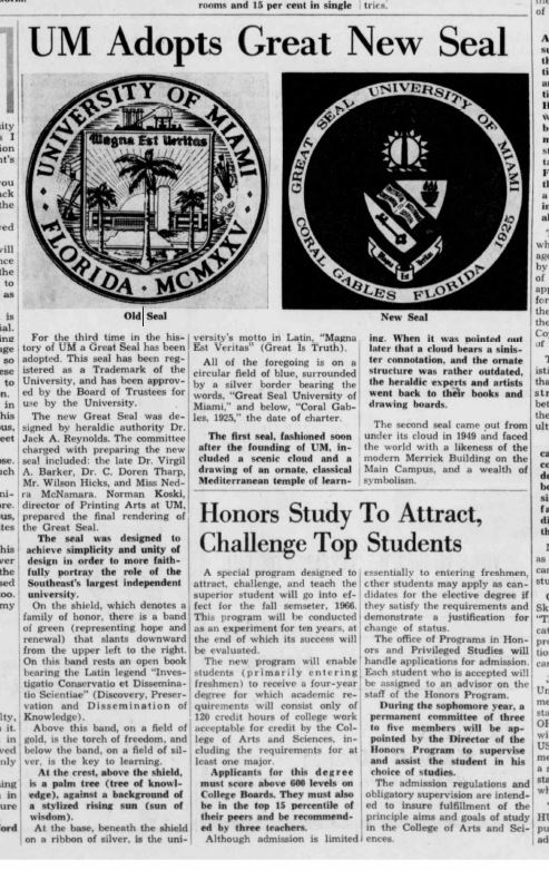 The Miami Hurricane, August 5. 1966 article on UM's New Seal 
